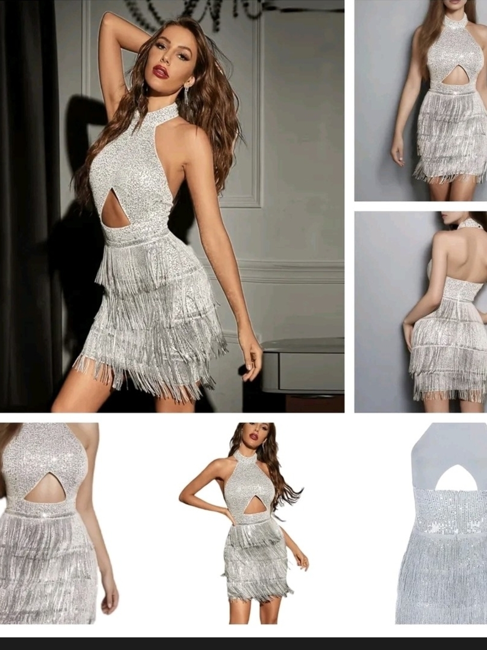 NWOT! Women's Silver Sequined Tassel Dress. Halter. Exposed Navel Sleeveless Med